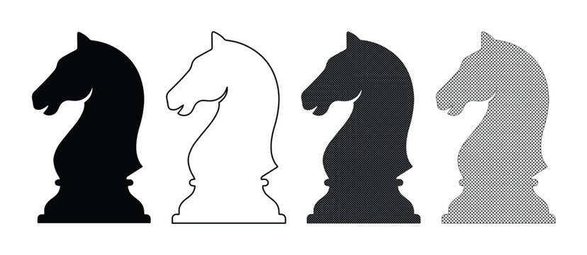 Chess Knight Vector Set. Four Stylized Horse Head Silhouettes in Black, White Outline, Dark Gray, and Light Gray. Strategic Game Piece Icons for Board Games and Business Concepts.