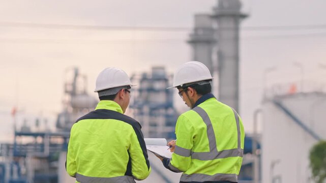 Professional factory workers discussing facility maintenance project during a beautiful sunset evening. Outstanding teamwork prevents hazardous workplace accidents completely.