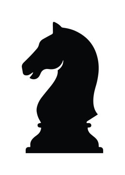 Black chess knight silhouette vector, classic strategy game piece, elegant equestrian horse head icon, strategic thinking and competition symbol
