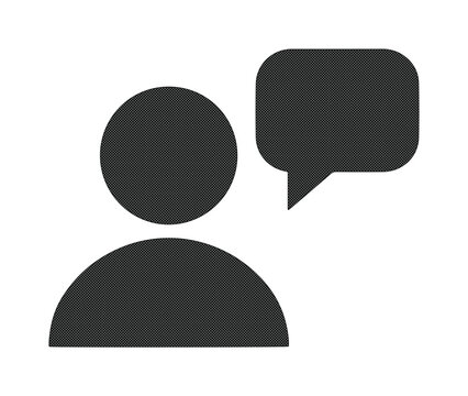 Minimalist user communication icon. Dark gray flat vector graphic for profile, chat, and social media interfaces. Simple person and speech bubble symbol for web design and mobile apps.