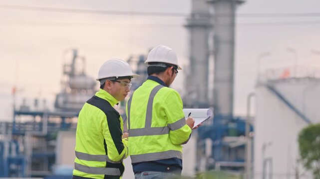 Expert construction managers analyzing production data on laptop outside the modern power station. Outstanding teamwork prevents hazardous workplace accidents completely.