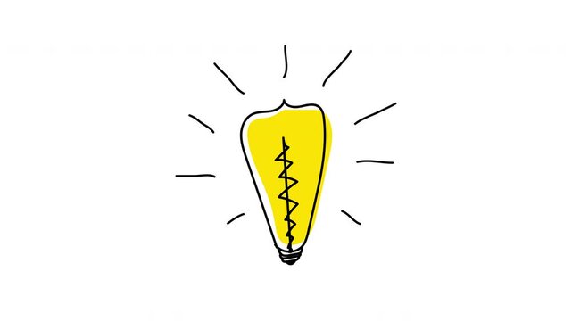 Idea light bulb animation with line doodle cartoon flat style. Doodle hand drawn idea lamp bulb animation. Light bulb animation. Concept of inspiration, idea and creativity