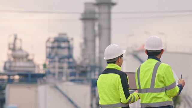 Industrial plant technicians analyzing production data on laptop during a beautiful sunset evening. Outstanding teamwork prevents hazardous workplace accidents completely.