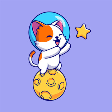 Cute Cat Astronaut Catching Star On Moon Cartoon