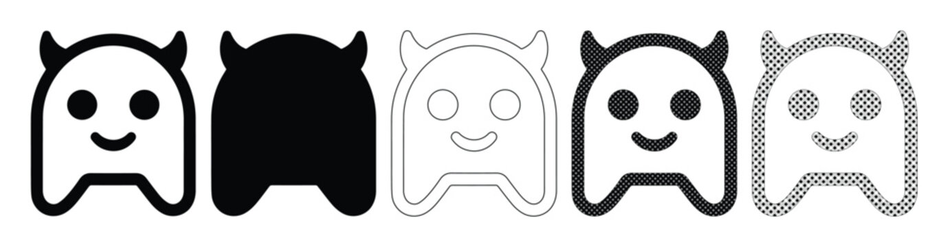 Cute Devil Emoji Vector Set. Playful Imp Character Icons in Black, White, and Outline Styles. Whimsical Cartoon Demon Avatars for Digital Design and UI/UX.