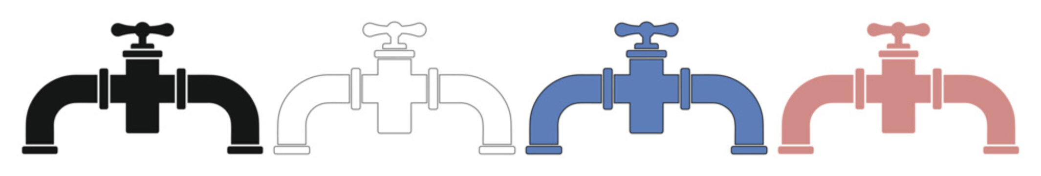 Water Faucet Icon Set, four distinct color variations of a classic tap symbol, plumbing and water supply vector graphics for web design and infographics