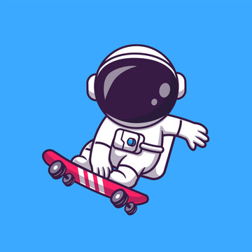 Cute Astronaut Playing Skateboard Cartoon