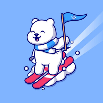 Cute Polar Bear Playing Ski Ice Cartoon