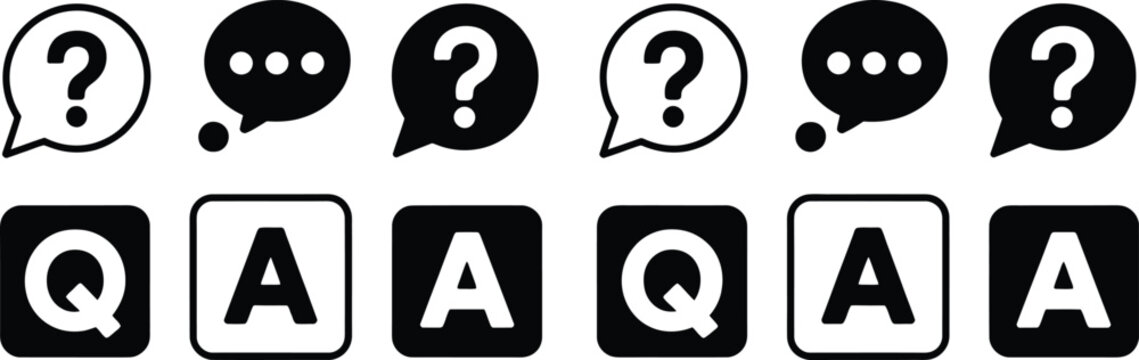 Speech bubble icons with question and answer symbols in black and white