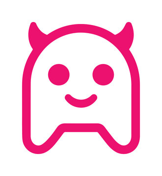 Playful pink devil character icon, a cute cartoon monster mascot with horns and a smiling face, fun vector graphic for apps and branding