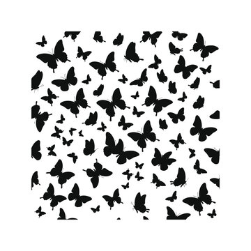 Elegant black butterfly silhouettes, a graceful swarm of flying insects, decorative nature-inspired vector art for design projects, seamless pattern element