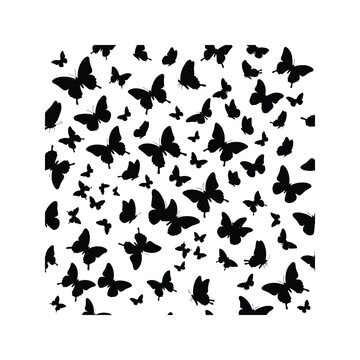Elegant black butterfly silhouettes, a swarm of flying insects, decorative nature pattern, vector illustration for spring and summer designs, seamless background element