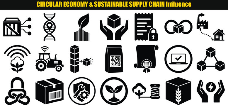 Circular economy and sustainable supply chain icon set featuring resource efficiency renewable energy sustainable agriculture green logistics recycling waste management environmental protection