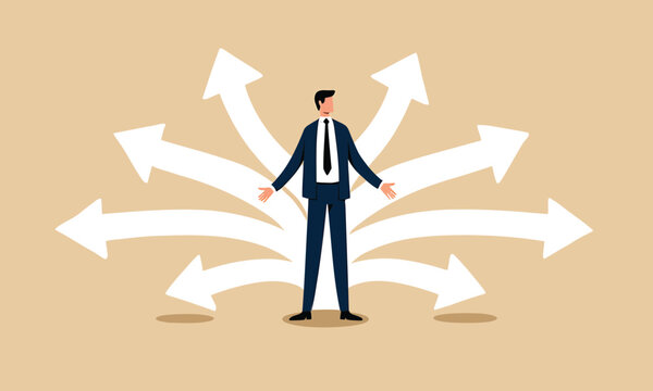 Professional businessman standing amidst many white arrows pointing in different directions representing a difficult choice or complex decision making process within a modern flat vector illustration