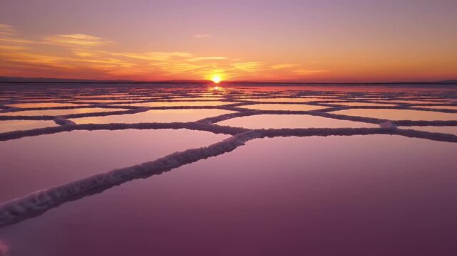 Sun sets over a pink salt flat divided into geometric pools by white crust