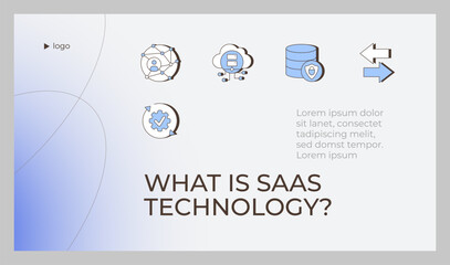 SAAS technology presentation slide template. Scalable enterprise tech. Secure data management. Information horizontal layout. Landscape flyer design. Multipurpose page with abstract background © IMG visuals icons