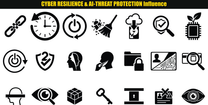 Security pictograms collection with power button lock and human head profile protection cybersecurity digital safety data network privacy key on off switch time clock link chain