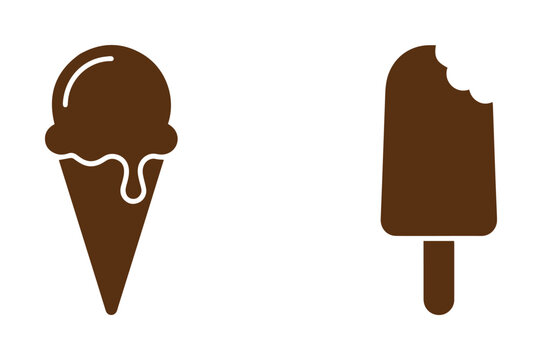 Chocolate Ice Cream Cone and Bitten Popsicle Vector Icons, Sweet Frozen Dessert Graphics, Brown Summer Treat Illustrations, Minimalist Food Design Elements for Menus and Apps