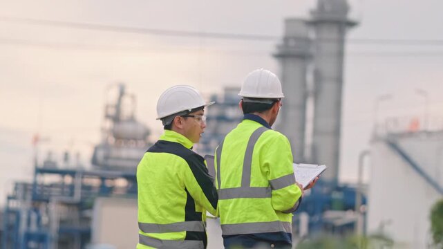 Professional factory workers planning energy strategy with tablet to ensure optimal operational efficiency. Utilizing digital technology enhances manufacturing productivity significantly.