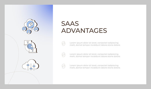 SAAS advantages presentation slide template. Modern enterprise software deployment. Information horizontal layout. Landscape flyer design. Multipurpose page with abstract background