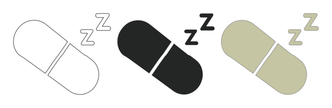 Sleep Aid Pill Vector Icon Set, Modern Minimalist Medical Capsule Graphics for Health and Wellness Designs, Insomnia Treatment and Relaxation Symbol Collection