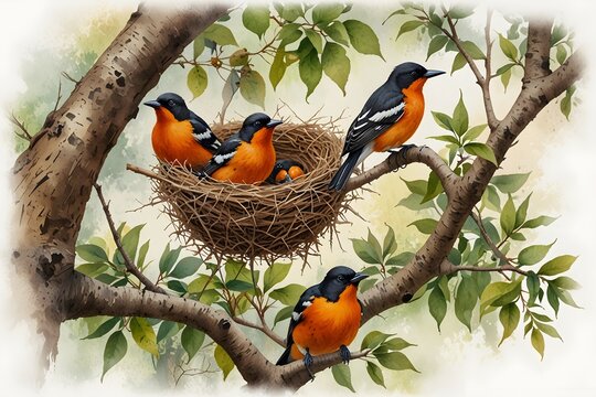Nesting orioles in a tree