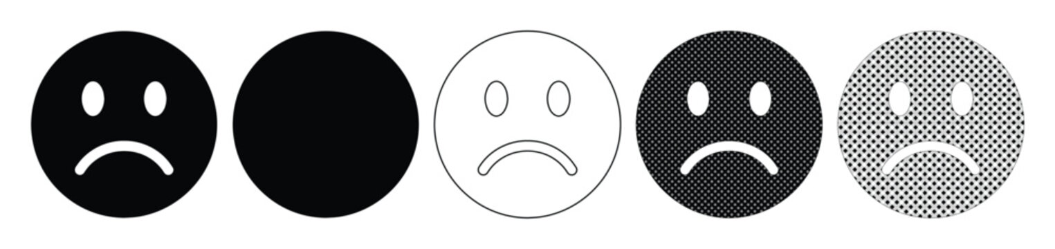 Sad Face Emoticon Vector Set, Negative Feedback Icons, Customer Dissatisfaction Rating Symbols, Black and White User Experience Design Elements