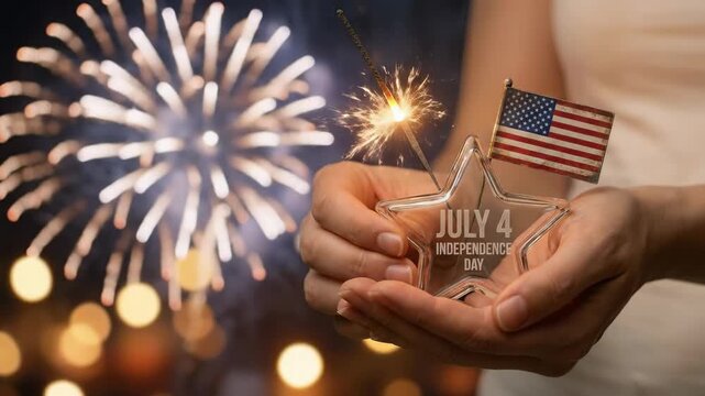 Human hand holding glass star displaying independence day inscription, american flag, sparkler, celebrating united states of america fourth of july national identity, patriotic ambiance.