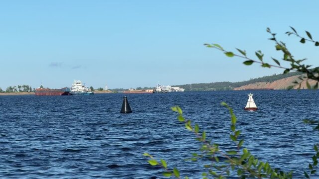 Maritime Traffic on a Clear Day: Cargo ships navigate the wide blue expanse of a river under a clear sky, with buoys marking the channel and foliage framing the scene from the foreground.