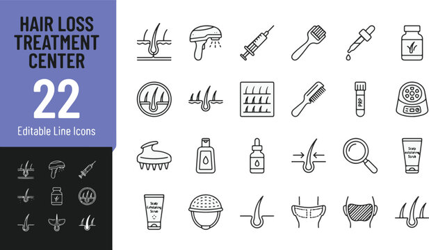 Hair Loss Treatment Center Line Icons Set, 22 Editable Vector Symbols for Alopecia Restoration, Scalp Care, PRP Therapy, Hair Transplant, Laser Treatment, Follicle Health & Dermatological Serum Design