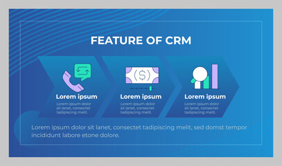 Features of CRM presentation slide template. Revenue operations optimization. Client management. Information horizontal layout. Landscape flyer design. Multipurpose page with abstract background © IMG visuals icons