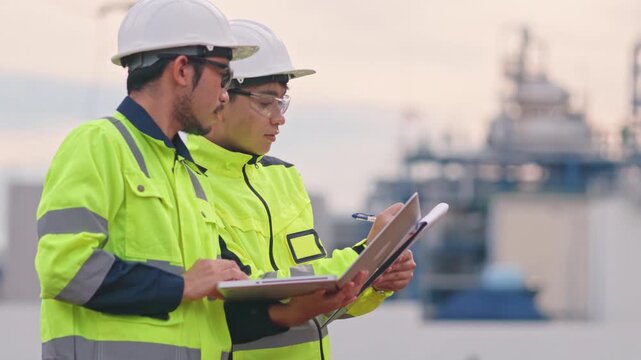 Asian male engineers discussing facility maintenance project while wearing high visibility uniforms. Expert communication solves complex engineering problems rapidly. Great execution.