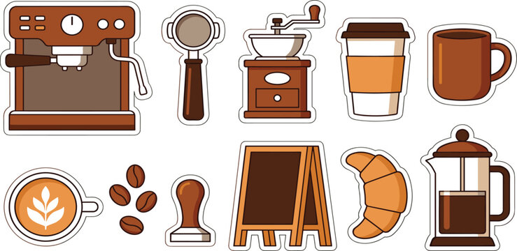 Coffee shop and cafe sticker set featuring espresso machine grinder latte art and croissant