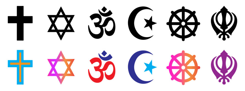 Symbols of major world religion vector illustration. Christianity, Judaism, Hinduism, Islam, Buddhism and Sikhism. PNG. Editable stroke.