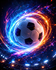 Fototapeta premium Soccer ball floating with glowing blue and orange fire energy in a dark stadium