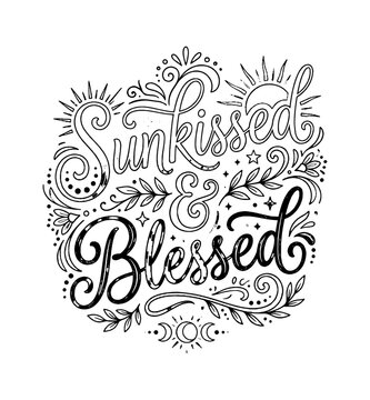 Blessed hand written calligraphy word with decorative floral elements and dots isolated on transparent background, Vector