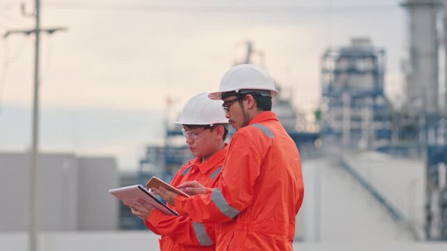 Expert construction managers analyzing production data on laptop for advanced industrial development. Strict safety protocols protect valuable human resources daily. Quality output.