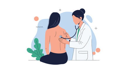 Fototapeta premium Professional female doctor using a stethoscope to examine the lungs of a patient during a routine medical checkup in a bright clinical office.