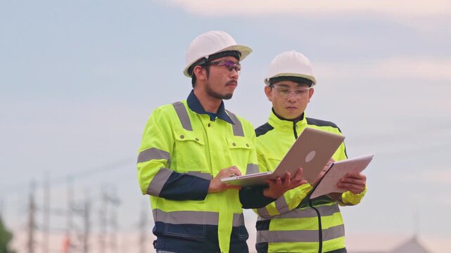 Industrial plant technicians analyzing production data on laptop for advanced industrial development. Strict safety protocols protect valuable human resources daily. Optimal results.