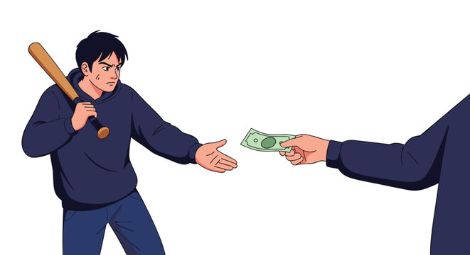 Aggressive young man holding a baseball bat while demanding and receiving cash from another person in a dangerous street crime scenario.