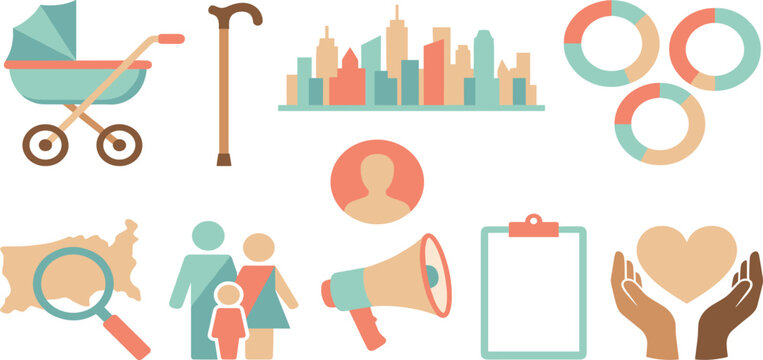 Demographics population statistics and community census icon set featuring family and city elements