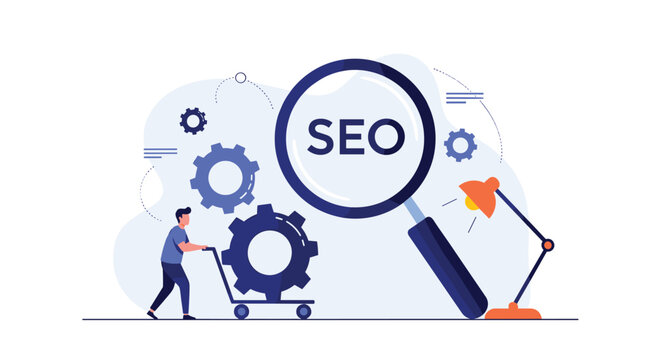 Marketing professional pushing a gear towards a giant magnifying glass to illustrate search engine optimization and website ranking strategies.