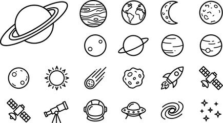 Outer Space and Astronomy Line Icon Set Featuring Planets, Rocket, Satellite, Astronaut Helmet, and Stars for Educational, Scientific, and Digital Web Designs © RUBINA