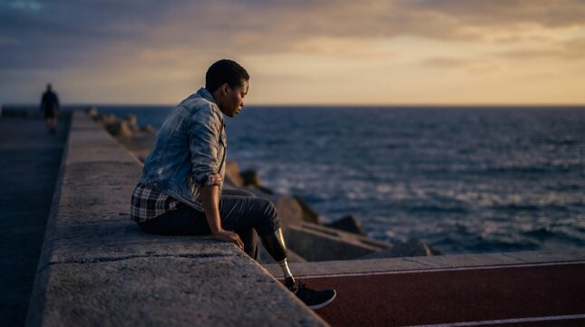 Thoughtful woman with prosthetic leg resting by the sea at sunset, resilience and disability awareness concept