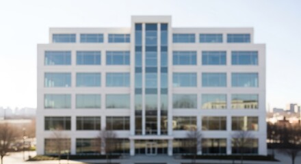 Fototapeta premium Blurred Modern White Office Building Exterior Under Bright Sunny Sky