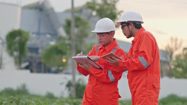 Professional factory workers planning energy strategy with tablet during a beautiful sunset evening. Reliable infrastructure requires continuous monitoring and careful evaluation.