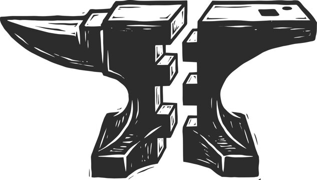 Blacksmith anvil vector icon tissue cut fracture line pathology linocut style bold outline art histology science heavy metal flat design