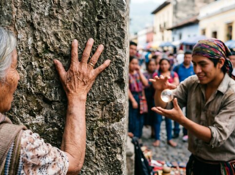 Weathered senior hand touching ancient stone wall with man holding glass orb in background, mystical heritage and passage of time concept