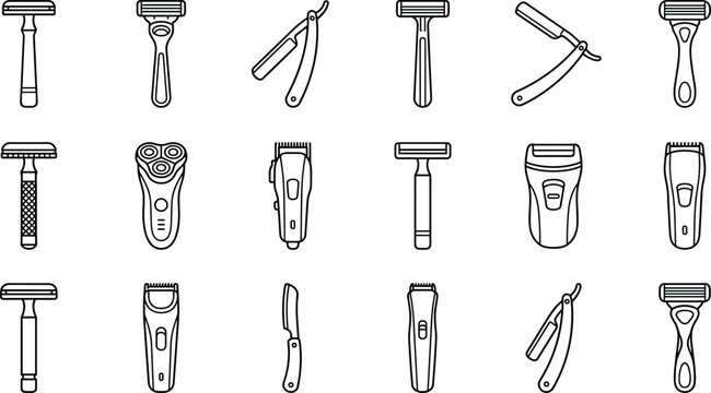 Men Shaving Razor and Hair Clipper Line Icon Set Featuring Safety Razors, Electric Shavers, and Straight Edge Blades for Barbershop and Grooming Designs