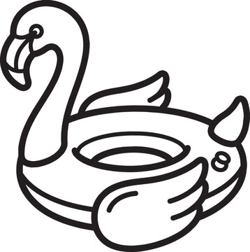 Black and white line art icon of a cute inflatable flamingo pool float for summer vacation and water activities isolated on transparent background, Vector